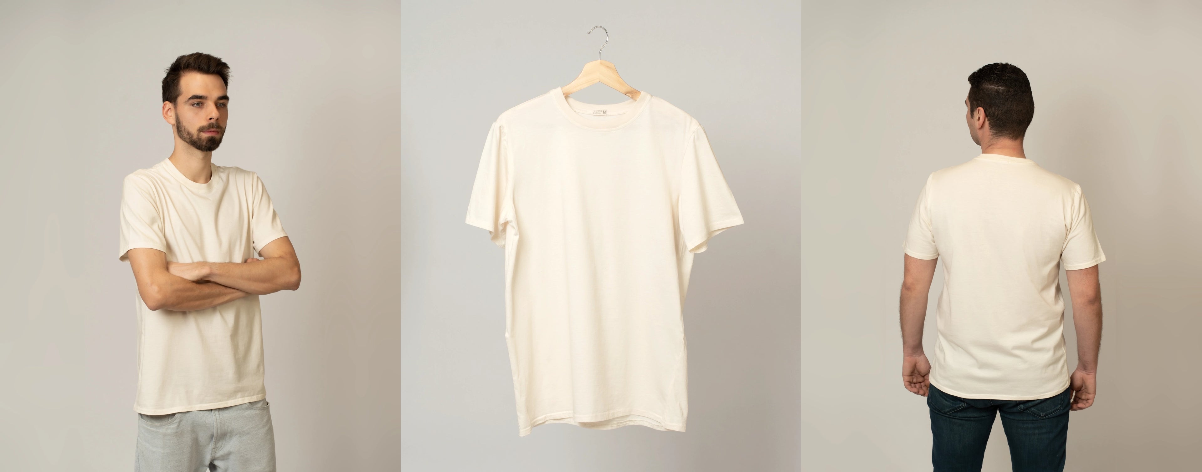 Home banner showing two male models flanking an eco-friendly organic cotton T-shirt.